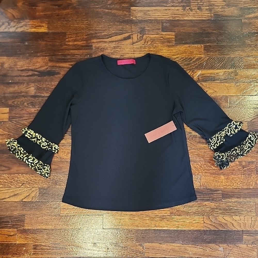 NWT Love Scarlett Black Blouse with Gold Ruffle Sequin Accents